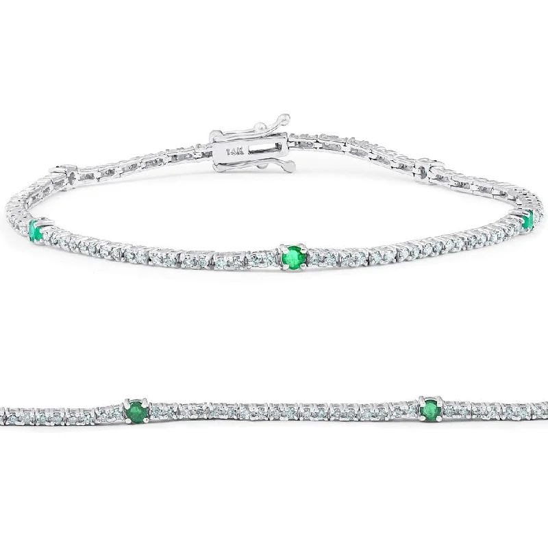 crescent wave charm bracelet-1 1/10 Ct Diamond & Genuine Green Emerald Tennis Bracelet 14k White Gold 7"