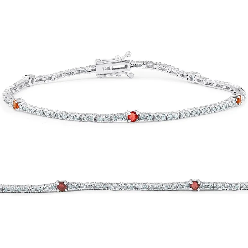 ripple charm bracelet-1 1/10 Ct Diamond & Genuine Ruby Tennis Bracelet 14k White Gold 7"