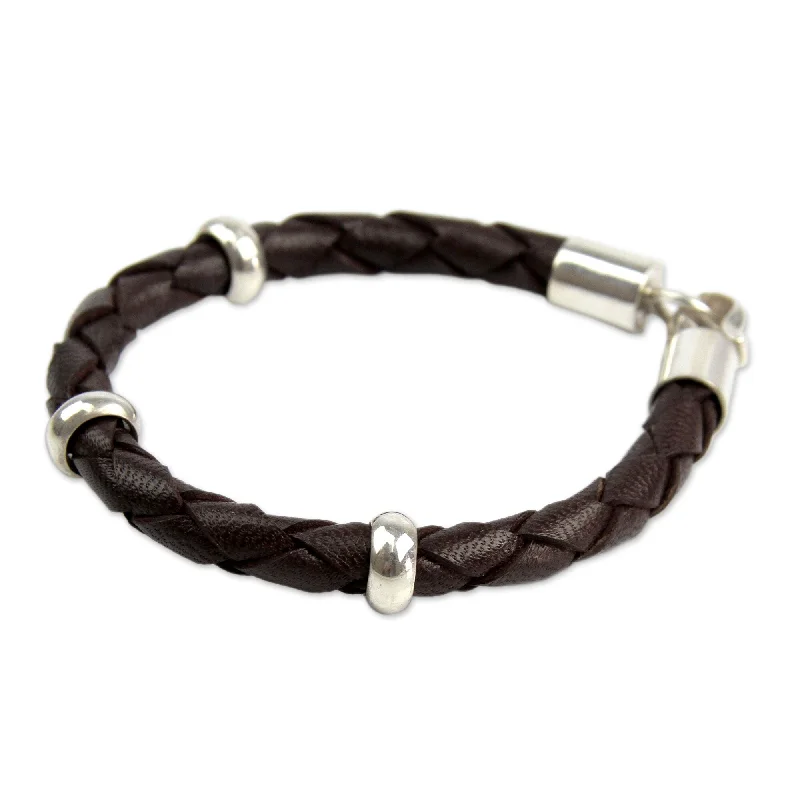 floral-themed bracelet-Chankas Warrior Artisan Handmade Dark Brown Braided Leather with 925 Sterling Silver Accents Mens (Peru)