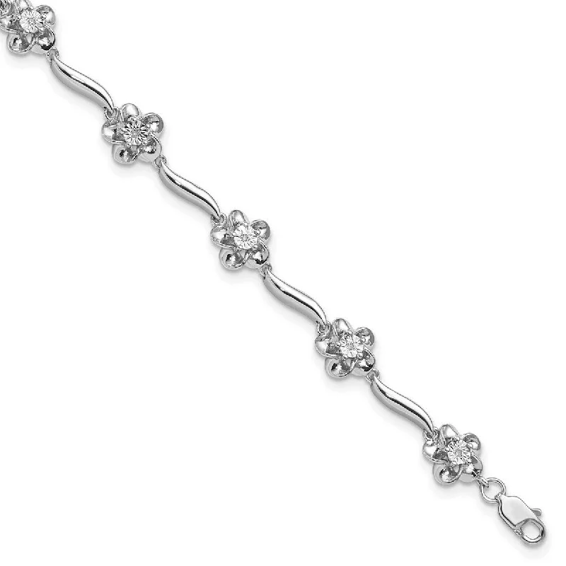 ripple-shaped charm bracelet-Curata 8mm 925 Sterling Silver Rhodium Plated Floral Diamond Bracelet