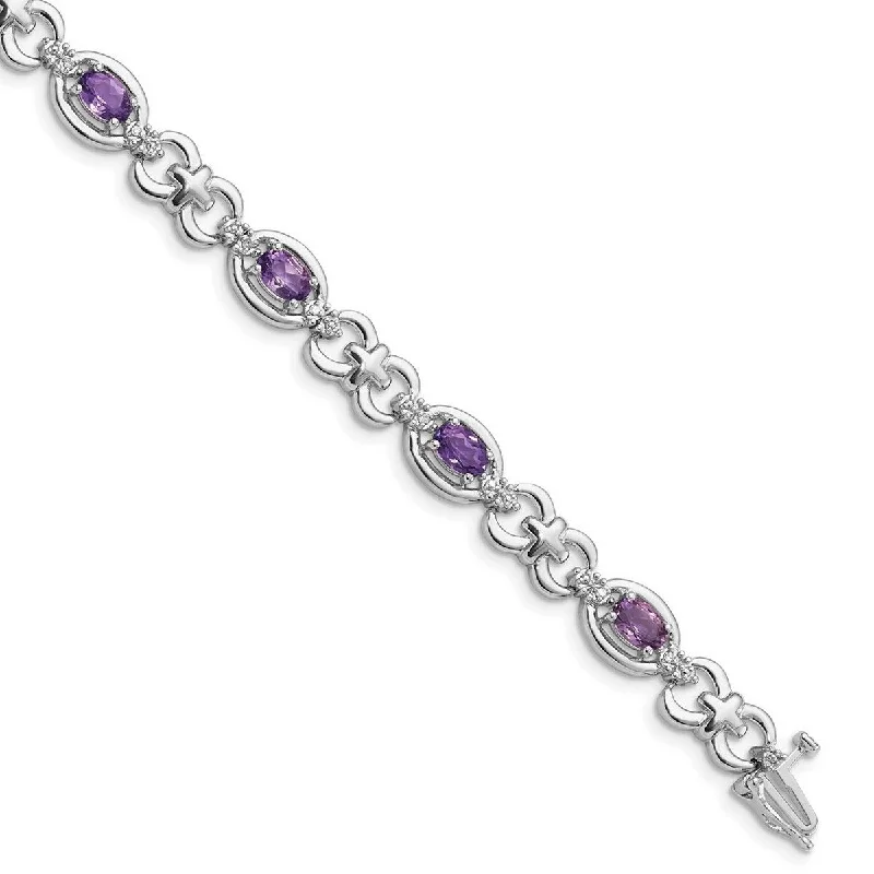 amethyst healing bracelet-Curata 925 Sterling Silver Polished Box Catch Closure Diamond and Amethyst Bracelet