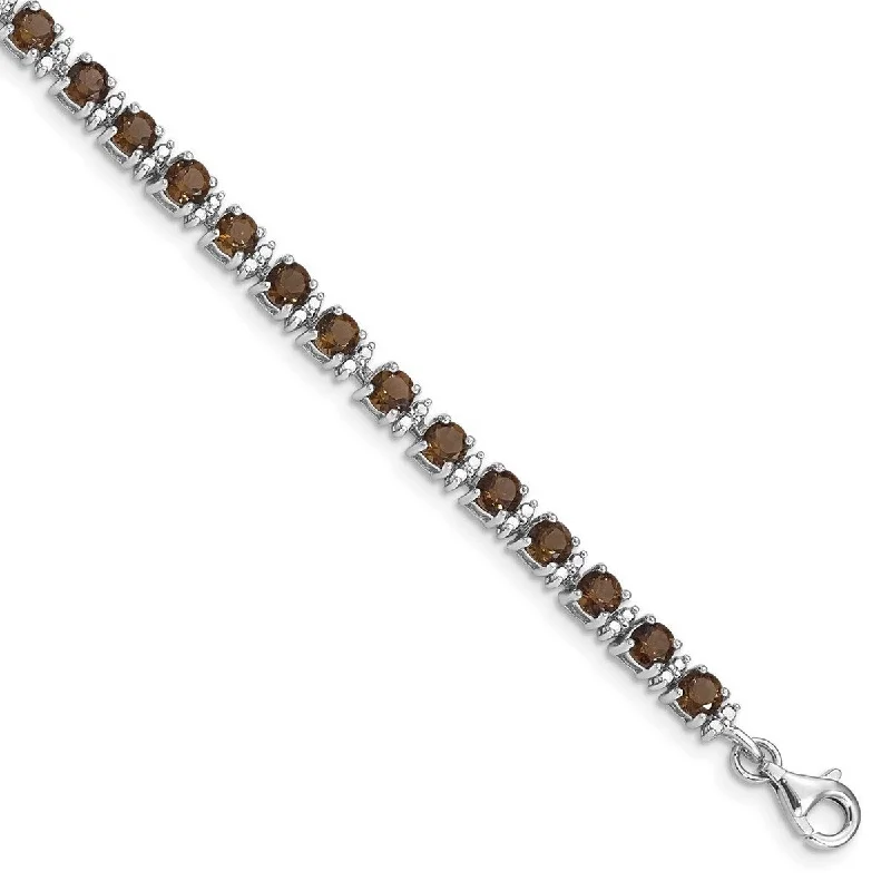 sprig beaded bracelet-Curata 925 Sterling Silver Polished Fancy Lobster Closure Smokey Quartz and Diamond Bracelet