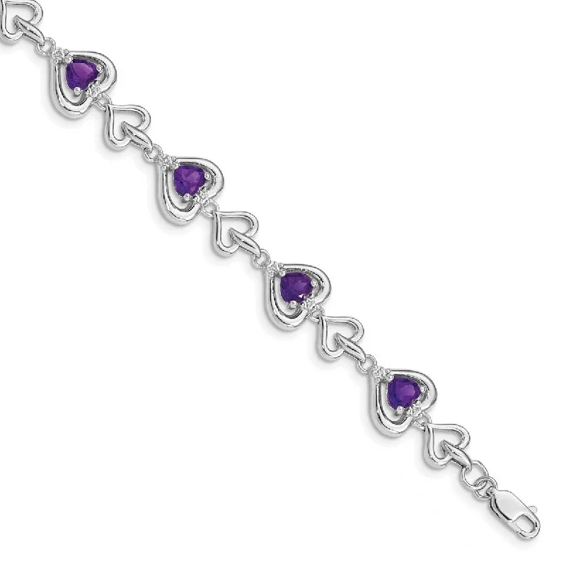 extravagant statement bracelet-Curata 925 Sterling Silver Polished Lobster Claw Closure Diamond and Love Heart Link Amethyst Bracelet