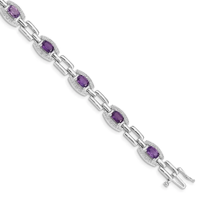 crescent wave charm bracelet-Curata 925 Sterling Silver Textured Polished Box Catch Closure Diamond and Amethyst Bracelet