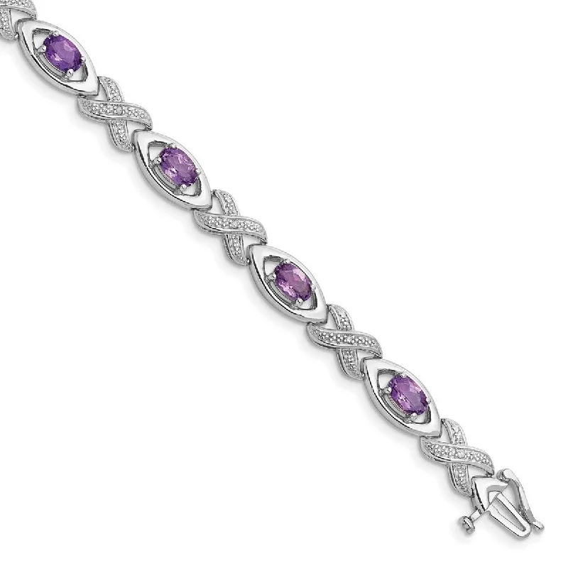 interlocked love bracelet-Curata 925 Sterling Silver Textured Polished Box Catch Closure Diamond and Amethyst Bracelet