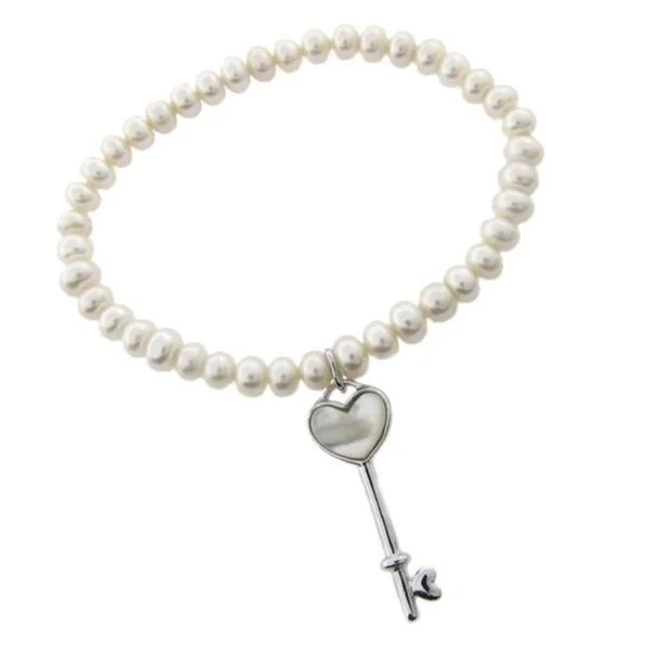 ripple gemstone bracelet-Dolce Giavonna Sterling Silver Freshwater Pearl and Heart Key Charm Stretch Bracelet