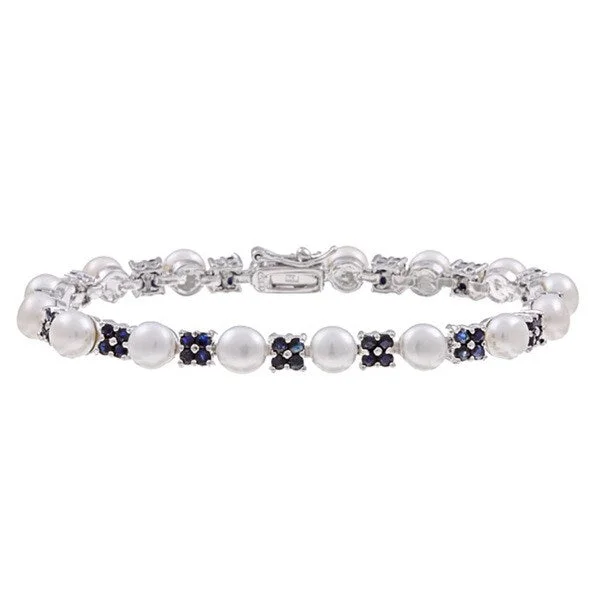 adaptable gold bracelet-Dolce Giavonna Sterling Silver White Freshwater Pearl and Sapphire Link Bracelet (6 mm)