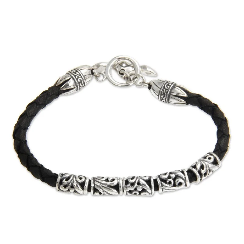 adaptable silver bracelet-Glory Artisan Designer Men's Handsome Fashion Dark Brown Braided Leather Sterling Silver Je