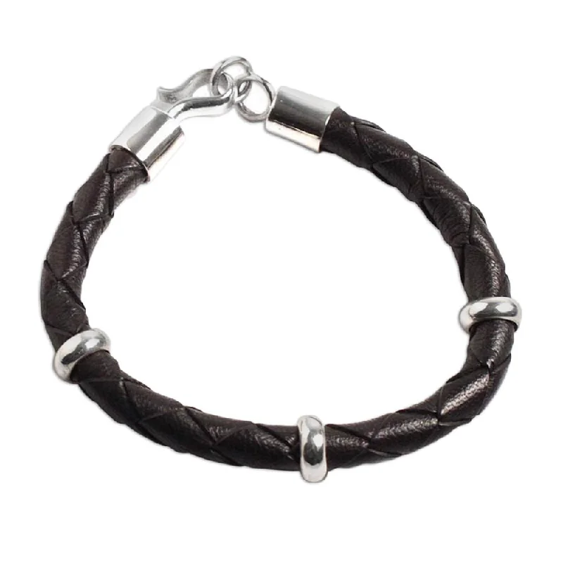 silver coil bracelet-Handmade Bold Black Leather Sterling Silver Bracelet (Peru)