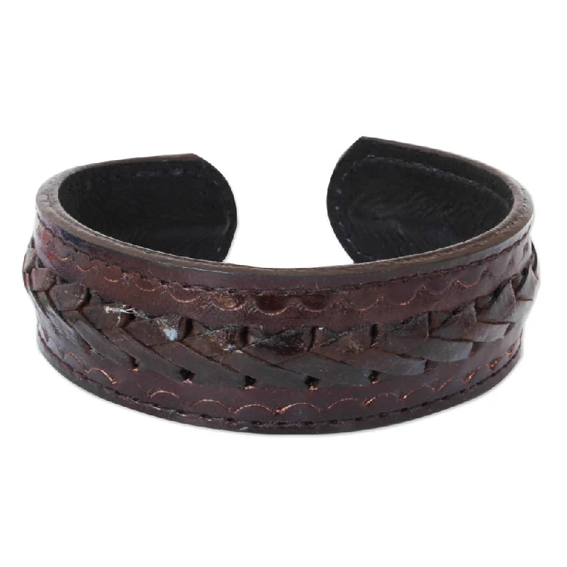 deco amber bracelet-Handmade Men's Leather 'Brown Braided Path' Bracelet (Thailand)