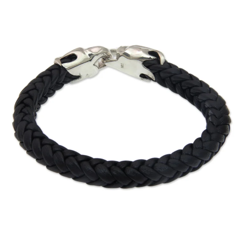 raw silver bracelet-Handmade Men's Leather Sterling Silver 'Tribal Strength' Bracelet (Indonesia)