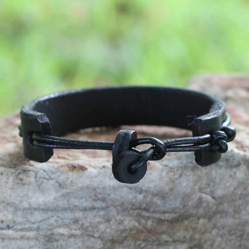 chiseled gemstone bracelet-Handmade Stand Together in Black Men's Leather Bracelet (Ghana)