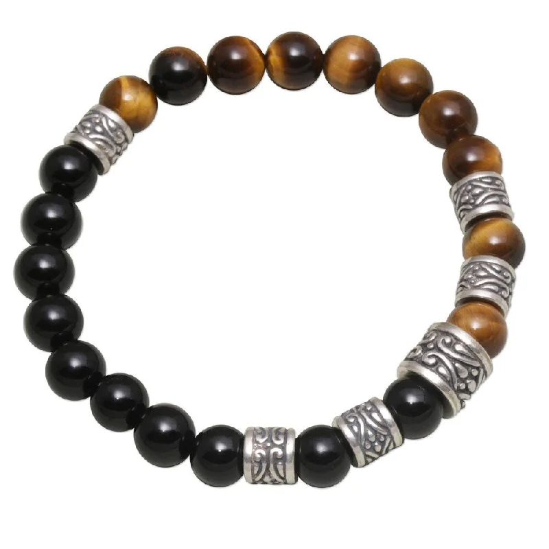 sculpted silver chain bracelet-Handmade Sterling Silver Batuan Renaissance Tiger's Eye Onyx Bracelet (Indonesia)