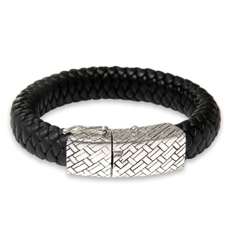 adaptable silver bracelet-Handmade Sterling Silver Men's Emperor Leather Bracelet(Indonesia)