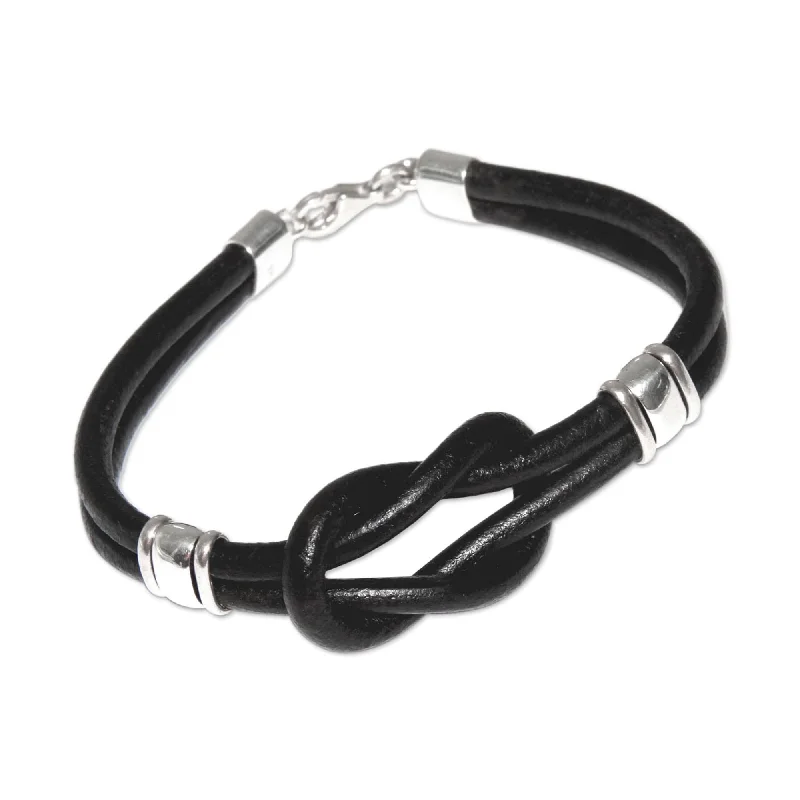 adaptable friendship bracelet-Handmade Twin Knots Sterling Silver Black Leather Bracelet (Peru)