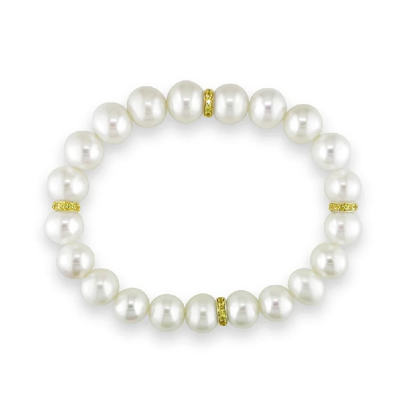 raw turquoise charm bracelet-Miadora 14k Gold Pearl and Yellow Sapphire Bracelet (10-11 mm)