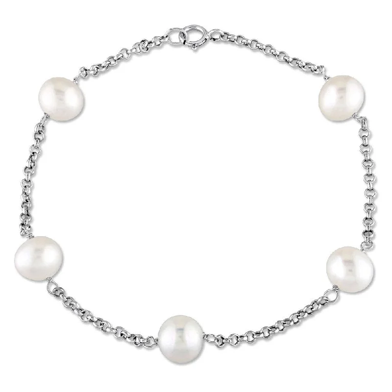 coiled charm bracelet-Miadora 14k White Gold Cultured Freshwater Pearl Tin Cup Station Bracelet (6.5-7 mm)