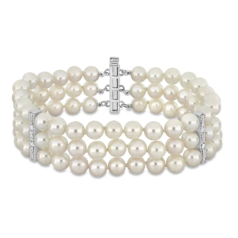 ripple-shaped charm bracelet-Miadora 3-Strand 3/8ct TDW Diamond and 6-6.5mm White Japanese Akoya Pearl Bracelet 14k White Gold Clasp