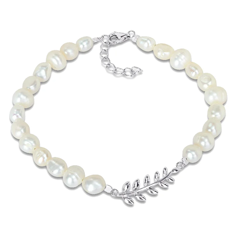 raw turquoise charm bracelet-Miadora 5-6.5 mm White Freshwater Cultured Pearls Bracelet in Sterling Silver