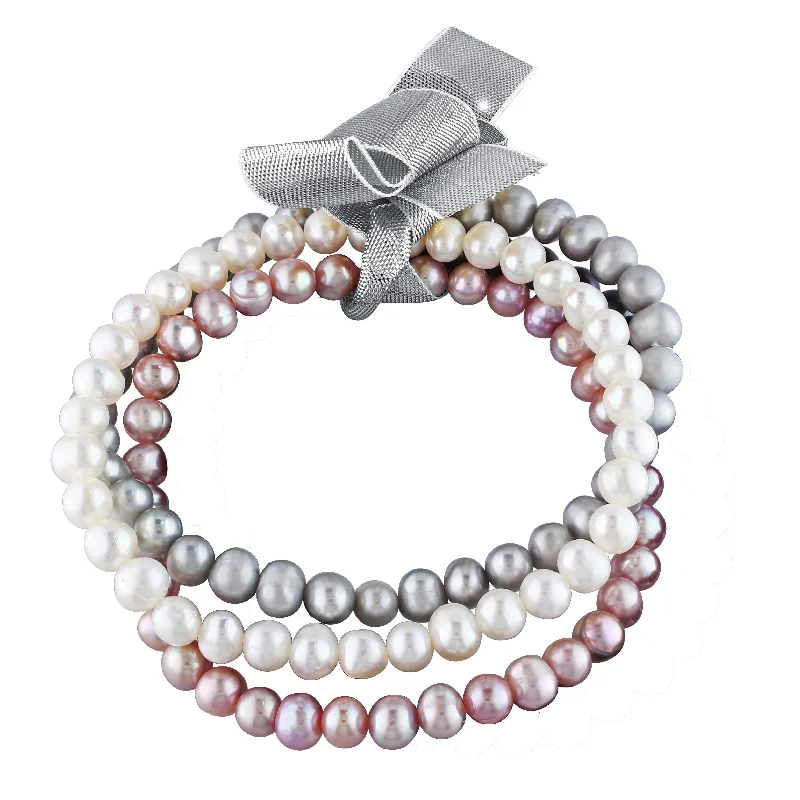 slender charm bracelet-Miadora Multi-color Potato Cultured Freshwater Pearl 3-Strand Elastic Ribbon Bracelet Set (5-5.5mm)