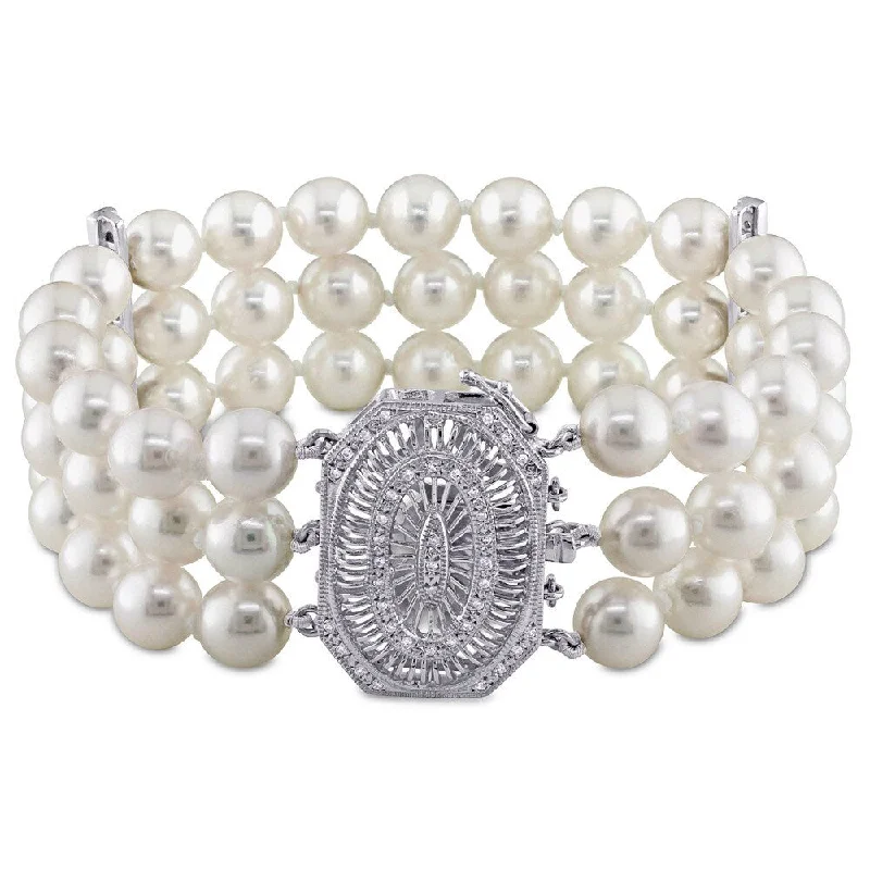 chiseled gemstone bracelet-Miadora Signature Collection 14k White Gold and 1/3ct TDW Diamond Three Row Akoya Pearl Bracelet (G-H, SI1-SI2) (7-7.5mm)