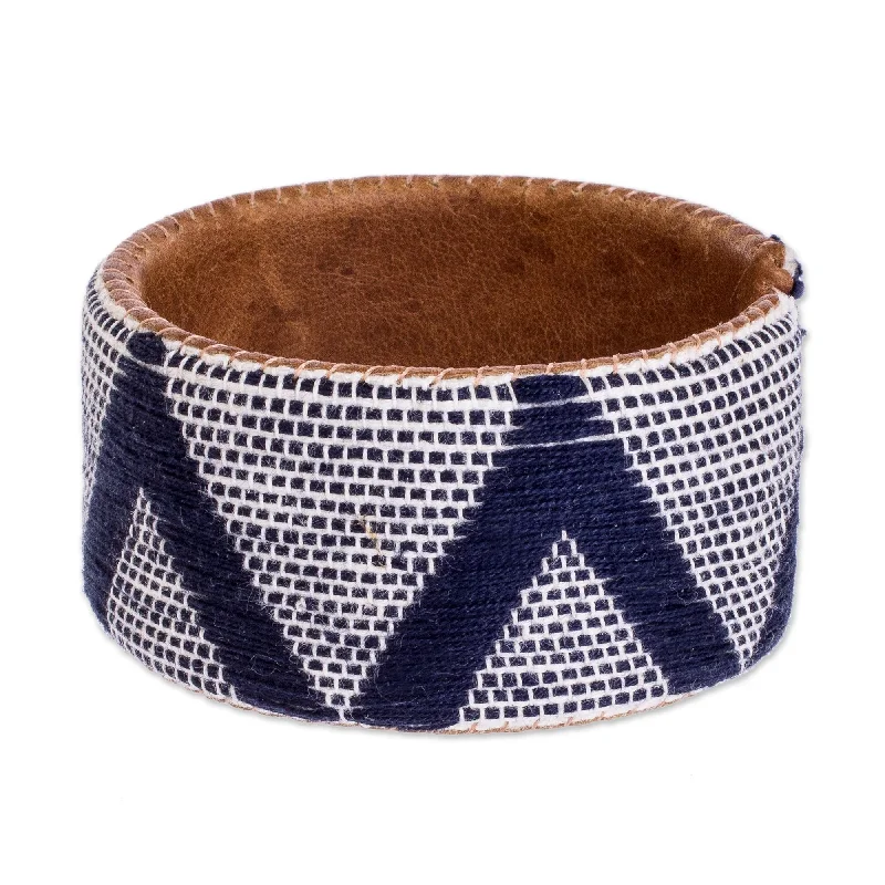 extravagant silver bracelet-Novica Handmade Comalapa Highlands In Blue Leather And Cotton Cuff Bracelet