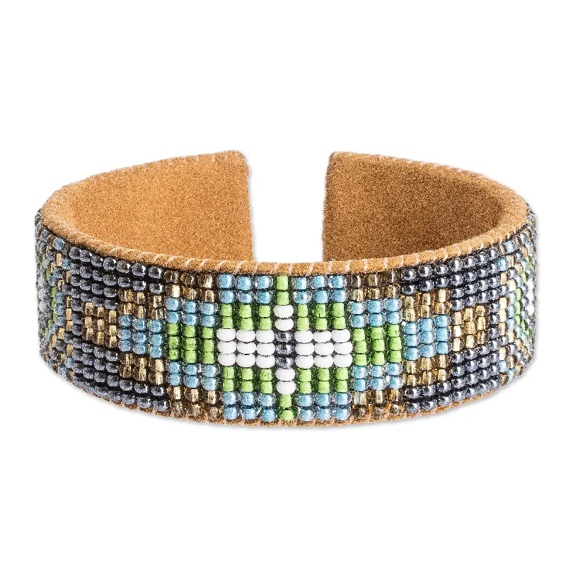 sprig beaded bracelet-Novica Handmade Lake Atitlan Leather-Accented Glass Beaded Cuff Bracelet