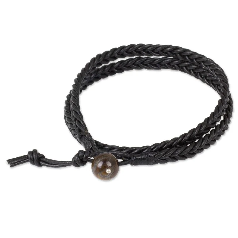 floral-inspired chain bracelet-NOVICA handmade Men's Leather Double Ebony Tiger's Eye Bracelet (Thailand)