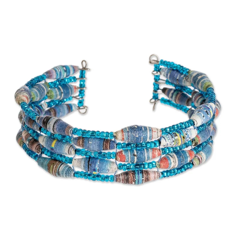 slender chain bracelet-Novica Handmade Nature Of Life In Blue Recycled Paper Beaded Cuff Bracelet