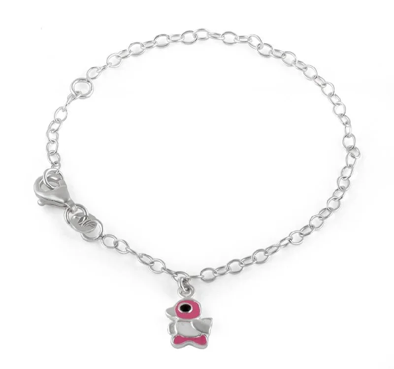 pearl interlocked bracelet-Sterling Silver Pink and White Enamel Duck Bracelet (Child Size)