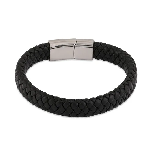 pearl interlocked bracelet-Stainless Steel Black Leather Braided Bracelet