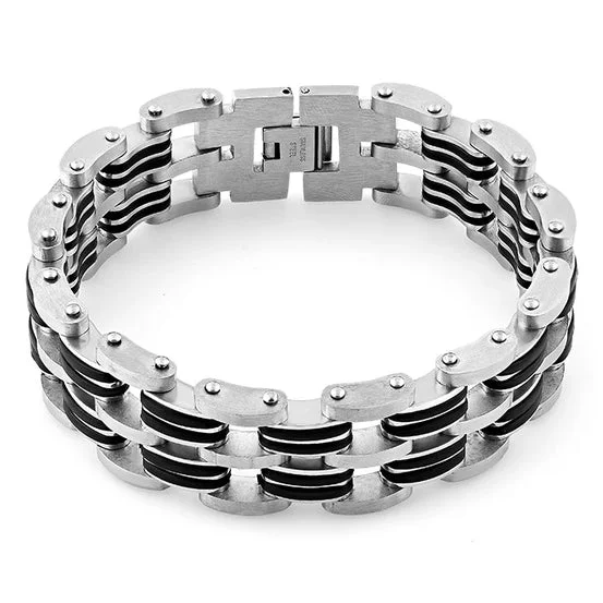 distressed silver bracelet-Stainless Steel Black Rubber Link Bracelet