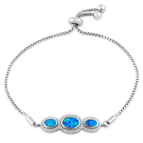 morganite beaded bracelet-Sterling Silver Adjustable Triple Oval Blue Lab Opal & Clear CZ Box Chain Bracelet