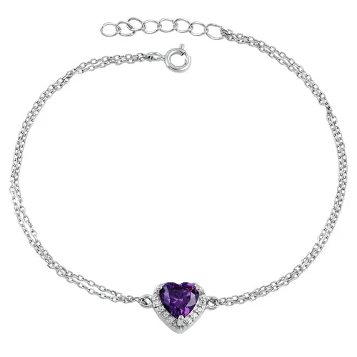 glowing gold bracelet-Sterling Silver Amethyst and Clear CZ Heart Halo Bracelet