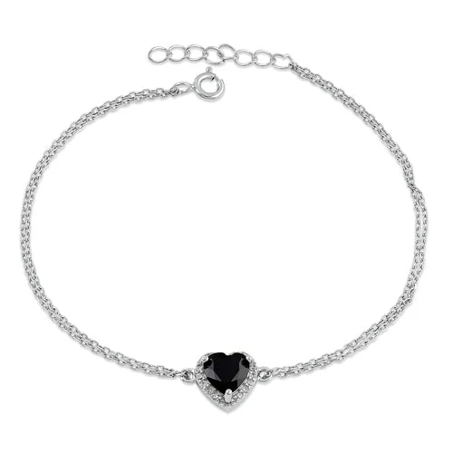 sculpted couple bracelet-Sterling Silver Black and Clear CZ Heart Halo Bracelet