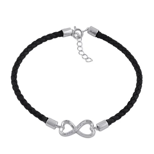 retro ruby charm bracelet-Sterling Silver Black Leather Infinity CZ Bracelet