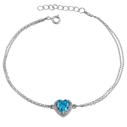 adaptable beaded bracelet-Sterling Silver Blue Topaz and Clear CZ Heart Halo Bracelet