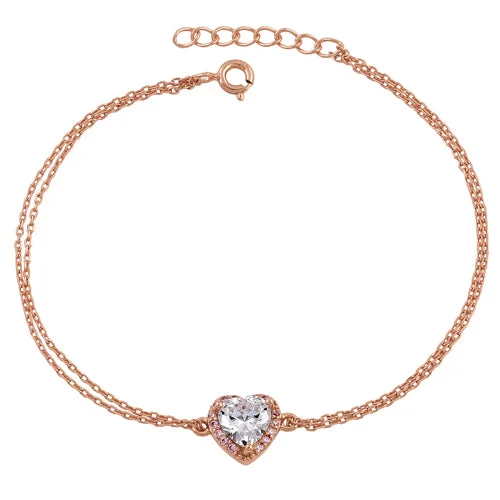 drifter morganite bracelet-Sterling Silver Clear and Pink CZ Heart Halo Rose Gold Plated Bracelet