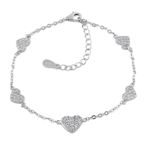 coiled silver bracelet-Sterling Silver Clear CZ Heart Charm Bracelet