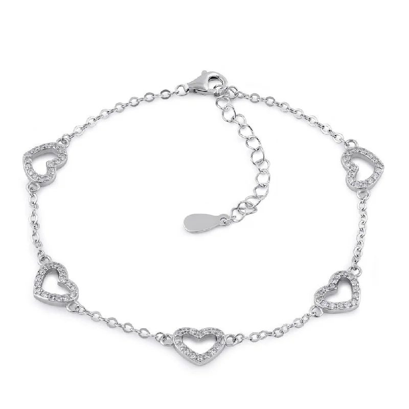 tech gold bracelet-Sterling Silver Clear CZ Heart Charm Bracelet