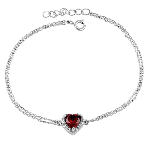 retro turquoise bracelet-Sterling Silver Dark Garnet and Clear CZ Heart Halo Bracelet