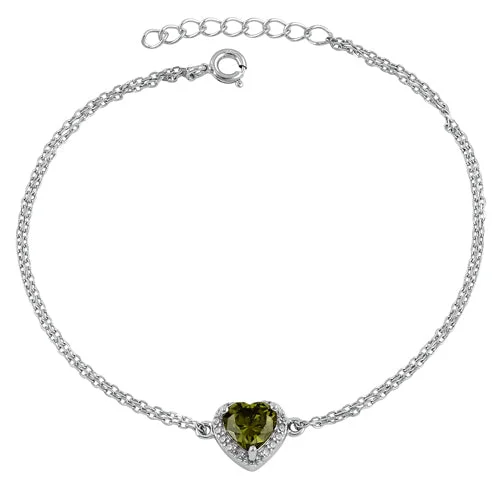 drifter beaded bracelet-Sterling Silver Peridot and Clear CZ Heart Halo Bracelet