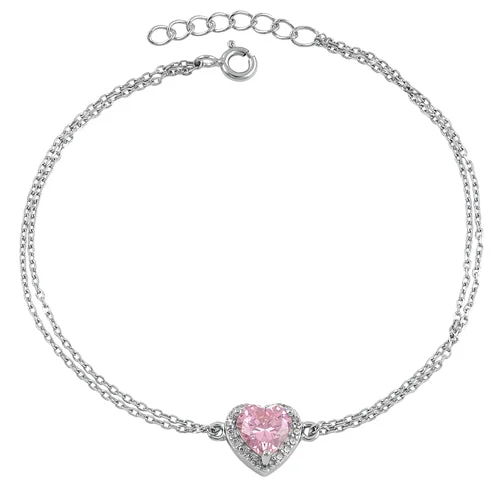 sprig sapphire bracelet-Sterling Silver Pink and Clear CZ Heart Halo Bracelet