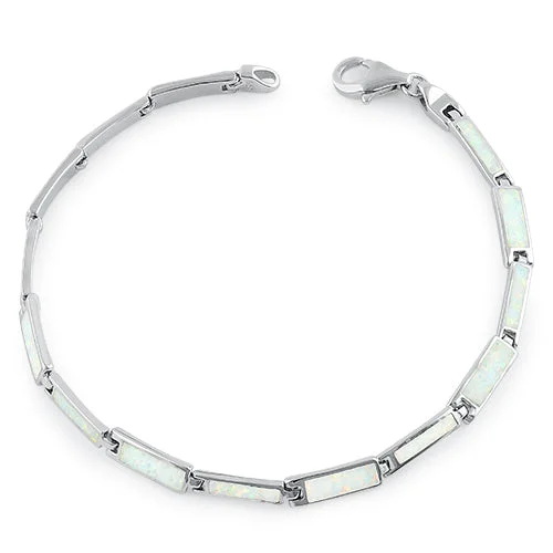 extravagant cuff bracelet-Sterling Silver Rectangular White Lab Opal Bracelet