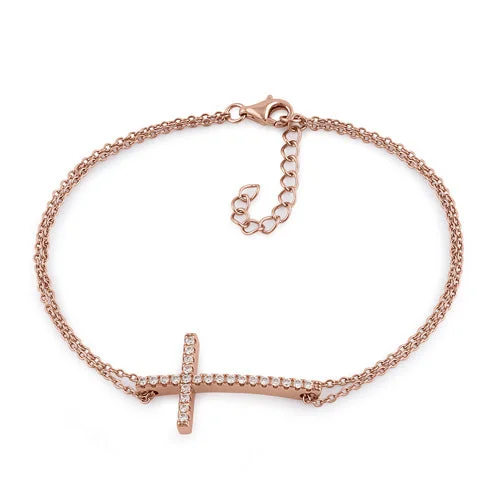 distressed statement bracelet-Sterling Silver Rose Gold Plated Clear CZ Cross Bracelet