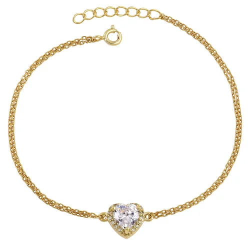 sculpted silver chain bracelet-Sterling Silver Yellow and Clear CZ Heart Halo Gold Plated Bracelet