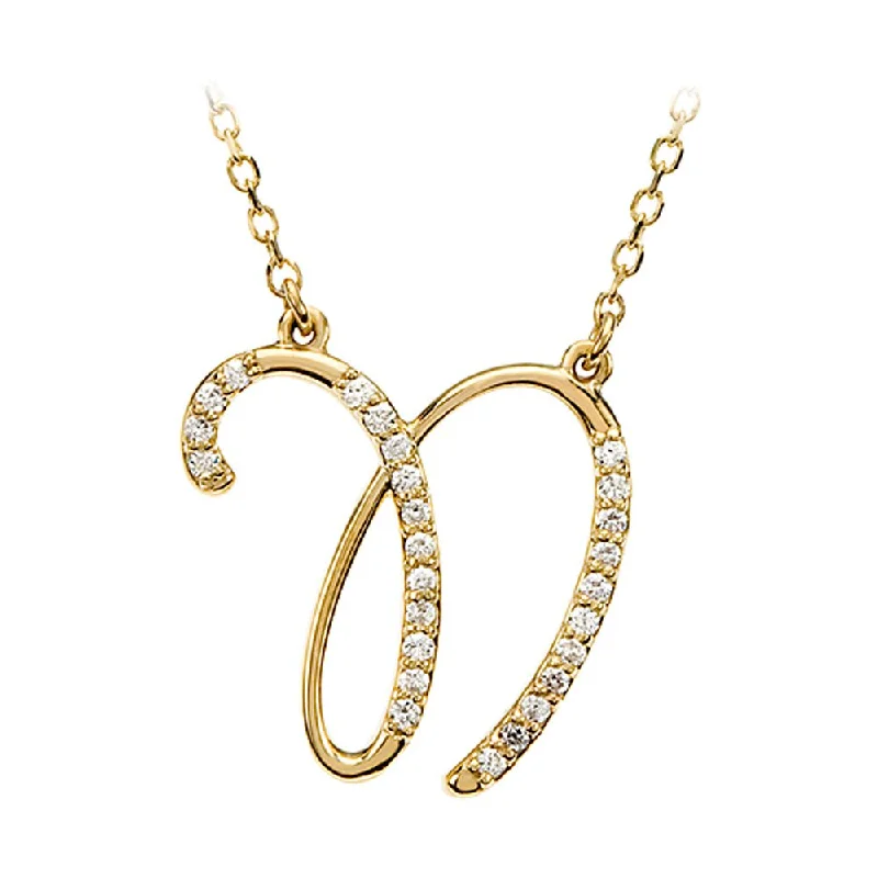 extravagant cocktail necklace-1/8 Ctw Diamond 14k Yellow Gold Medium Script Initial N Necklace, 17in