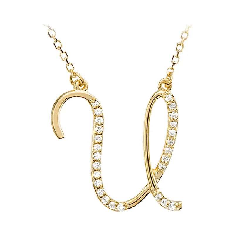 sprig charm necklace-1/8 Ctw Diamond 14k Yellow Gold Medium Script Initial U Necklace, 17in