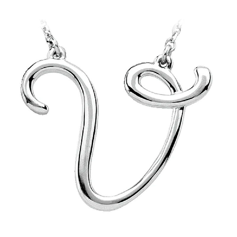 14k White Gold, Olivia Collection, Medium Script Initial V Necklace