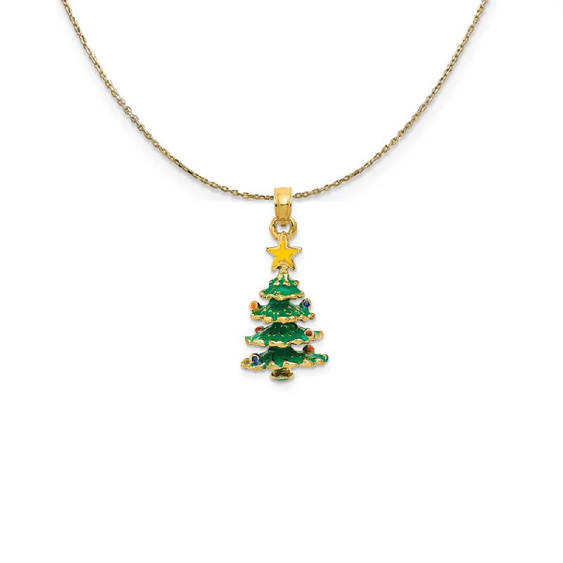 14k Yellow Gold, 3D Enameled Christmas Tree Necklace